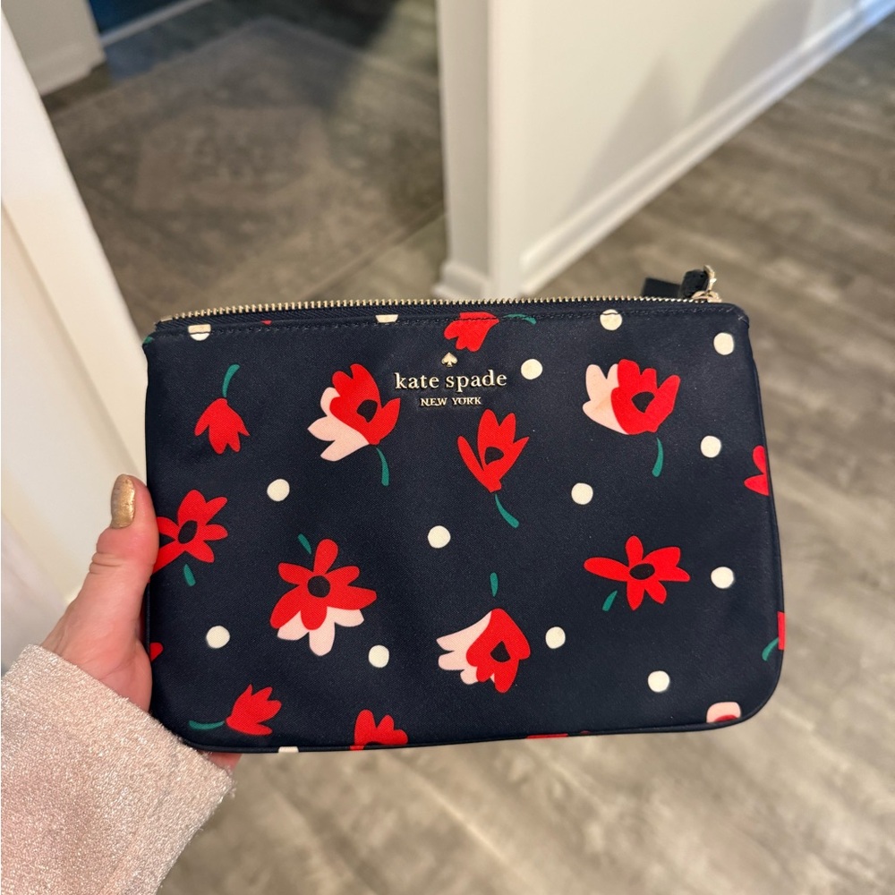 Kate Spade Navy Pouch with Red Floral and White Dots